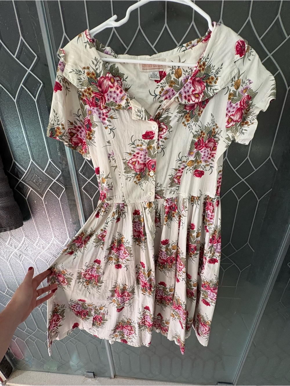 Sugar Co. Floral Button-Front Cream Dress with Pink Rose Print